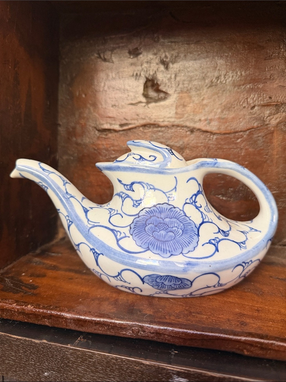 Vintage Blue and White Floral Ceramic Teapot made in China lotus flower